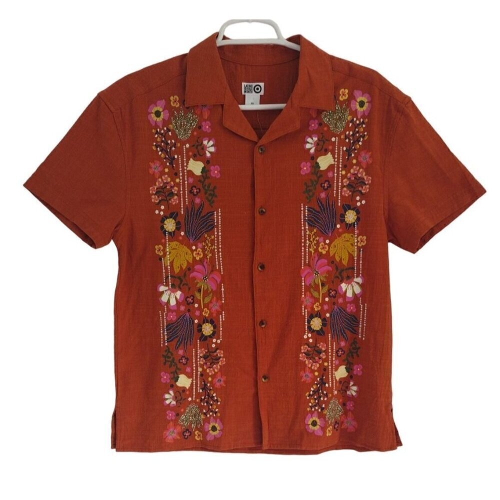 Latino Heritage Month Adult Shirt S Floral Embroidered Cotton, Rayon Orange.